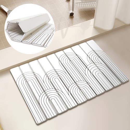 Lacut Faltbare Stein-Badematte, super saugfähige Kieselgur Badematte, schnell trocknende Matten für Badezimmer, rutschfest, 59,9 x 38,9 cm, Abtropfmatten für Küche, Weiß (weiße Torbogenlinien) von Lacut
