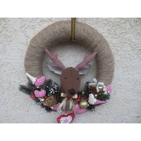 Türkranz Weihnachten Winterkranz Deko-Kranz Weihnachtsdeko Strohkranz Tanenzapfen Schleifenholzfiguren Elch Herz Home von LadenvonElena