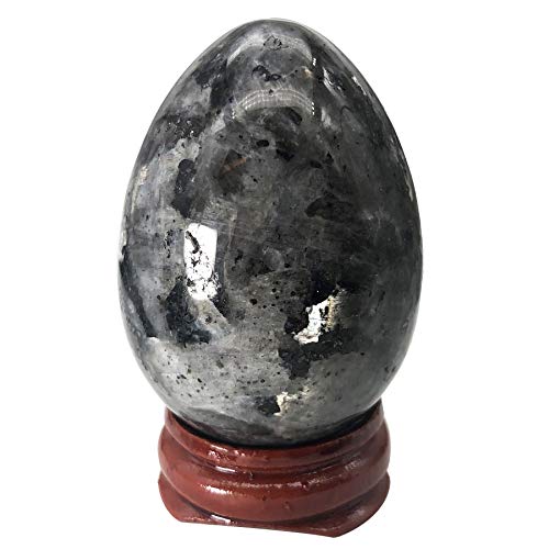 Ladeukoi Stein Ei Figuren, Poliert Heilung Kristall Ostern Eier Kugel Skulptur mit Holzständer, 45mm groß, Schwarz Labradorite von Ladeukoi