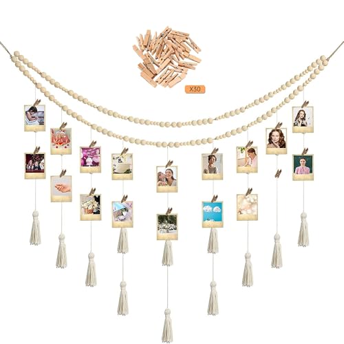 LadjproR Boho Fotowand Collage mit Holzklammern Handgefertigte Makramee-Fotorahmenwand mit Fransen Boho Wanddekoration für Wohnkultur, Schlafzimmer (A) von LadjproR