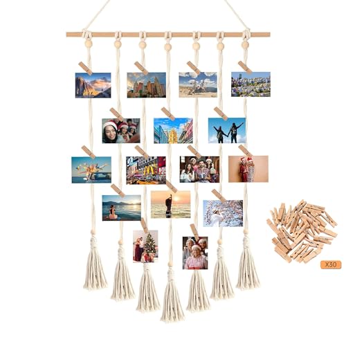 LadjproR Boho Fotowand Collage mit Holzklammern Handgefertigte Makramee-Fotorahmenwand mit Fransen Boho Wanddekoration für Wohnkultur, Schlafzimmer (B) von LadjproR