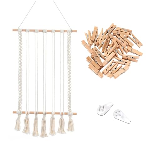 LadjproR Boho Fotowand Collage mit Holzklammern Handgefertigte Makramee-Fotorahmenwand mit Fransen Boho Wanddekoration für Wohnkultur, Schlafzimmer (C) von LadjproR