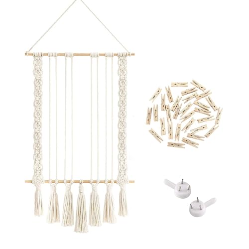 LadjproR Boho Fotowand Collage mit Holzklammern Handgefertigte Makramee-Fotorahmenwand mit Fransen Boho Wanddekoration für Wohnkultur, Schlafzimmer (D) von LadjproR