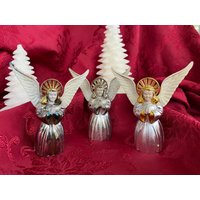 3 Vintage 1950Er Unzerbrechliche Silber Bradford Kunststoff Engel Weihnachtsbaum Ornamente Dekoration Made in Usa von LadyJanetvintage