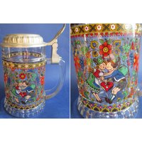 Vintage Glass Beer Mug With Printed Medieval Knights, Company Bmf, Pure Tin Lid, Made in W. Germany von LadyfromBavaria