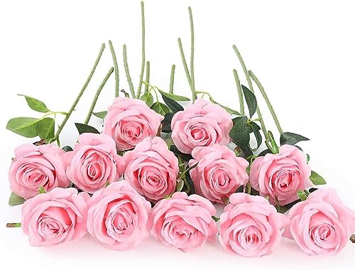 Laelfe 12 Stück Künstliche Rosa Rosen, 21in Realistische Langstielige Kunstblumen Rosen, Künstliche Blumen Seide Kunstrose für Hochzeitsdeko Brautsträuß Heiratsantrag Geburtstag Büro Decor von Laelfe