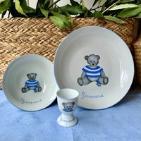 Personalisiertes Porzellan Baby Set Handbemalter Blauer Teddybär von LaetitiaSocirat