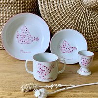 Taufgeschirr Set 4-Teilig Taube Und Sterne Rosa Personalisiert von LaetitiaSocirat