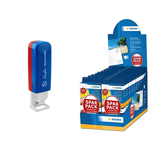 Läufer 99152 Klebestempel, 700 doppelseitige transparente Klebepads & HERMA 9370 Fotokleber im Spender, Sparpack (12 x 17 mm) Thekendisplay, selbstklebend, 20er Pack (je 2x 500 Stück), weiß von Läufer