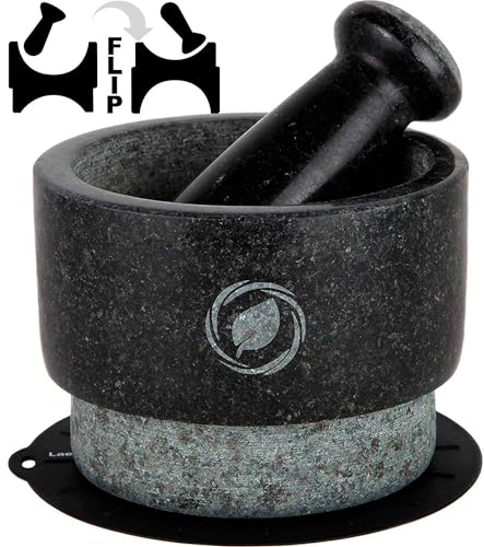 Mörser- und Stößel-Set – 14 cm (5,5 Zoll), 17 Unzen, doppelseitig – Mühle aus massivem Stein – großer Guacamole-Mörser – inklusive Silikondeckel/-matte und Löffel von Laevo