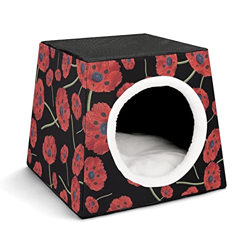 Personalisiertes Katzenhaus Katzenbett Bedruckte Katzenwürfel Katzenhöhle für Kleintiere mit Abnehmbarem Matte Schwarze rote Blumen von LafalPer