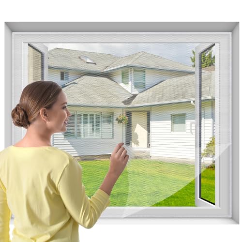 Selbstklebendes Fliegengitter für Fenster, zuschneidbar auf die Größe 110 cm x 130 cm, Netz für Moskitonetze ohne Bohren oder Schrauben mit selbstklebendem Klebeband - Weiß von Lafefe