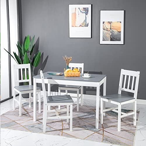 LafeuR Essgruppe, Esstisch mit 4 Stühlen, 5-Teiliges Esstisch-Set Kiefernholz für Esszimmer, Küche, Wohnzimmer, Grau,Weiß von LafeuR