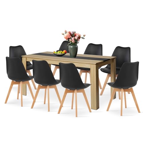 LafeuR Essgruppe Esstisch mit 8 Stühlen Esszimmergruppe, Rechteckig Eiche Küchentisch und 8er Set Esszimmerstühle Sitzgruppe für Wohnzimmer Küche Büro(160CM Eiche-Schwarz Tisch+8 Schwarz Stühle) von LafeuR