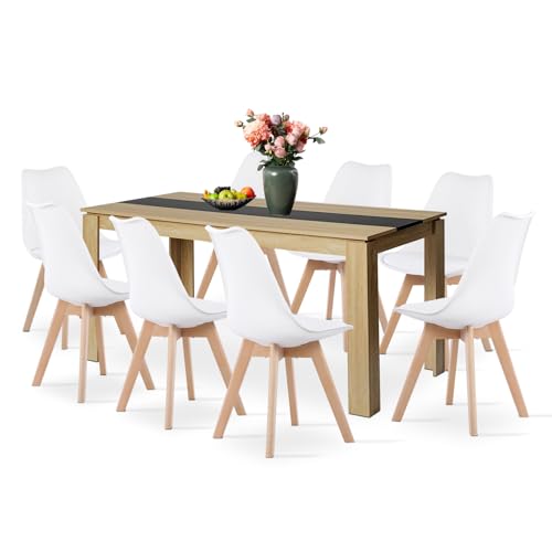 LafeuR Essgruppe Esstisch mit 8 Stühlen Esszimmergruppe, Rechteckig Eiche Küchentisch und 8er Set Esszimmerstühle Sitzgruppe für Wohnzimmer Küche Büro(160CM Eiche-Schwarz Tisch+8 Weiß Stühle) von LafeuR