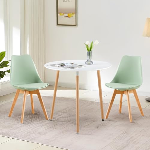 LafeuR Essgruppen Esstisch mit 2 Stühlen, 80cm Rund Esszimmertisch und 2 Skandinavischen Esszimmerstühle Esszimmergruppe für Wohnzimmer Büro Küche(Weiß Tisch+2 Eiscreme-Grün Stühle) von LafeuR