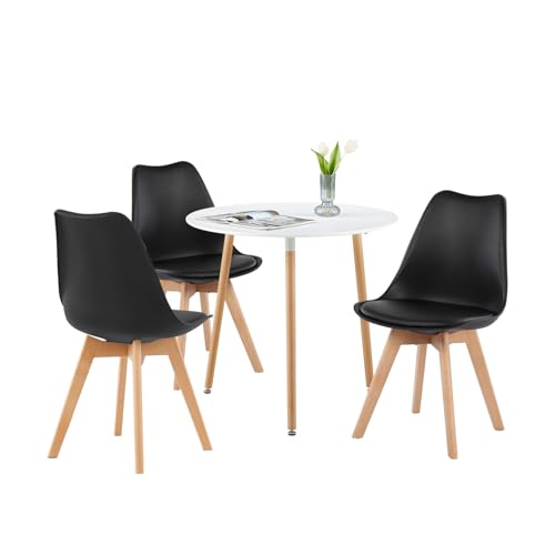 LafeuR Essgruppen Esstisch mit 3 Stühlen Esszimmergruppe, 80cm Rund Küchentisch und 3er Set Esszimmerstühle Sitzgruppe für Wohnzimmer Büro Küche(Weiß Tisch+3 Schwarz Stühle) von LafeuR