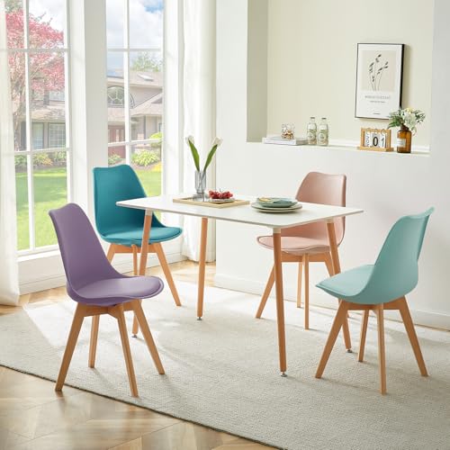 LafeuR Essgruppen Esstisch mit 4 Stühlen, 4er Set Esszimmerstühle und Rechteckig Küchentisch Esszimmergruppe für Wohnzimmer Küche Büro(Weiß Tisch + Mintgrün&Türkis&Rauchrosa&Lila Stuhl) von LafeuR