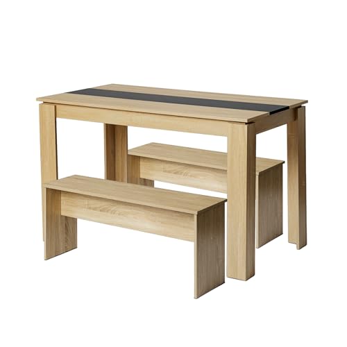 LafeuR Esstisch mit 2 Bänken 3-TLG Set 110x70x75cm Küche Stühle Tisch Möbel Essgruppe Praktisch Sitzgruppe Eiche & Schwarz von LafeuR