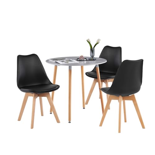 LafeuR Esstisch mit 3 Stühlen Essgruppen, Esszimmergruppe 80CM Runder Küchentisch und 3er Set Esszimmerstühle für Wohnzimmer Küche Büro(Grau Tisch+3 Schwarz Stühle) von LafeuR