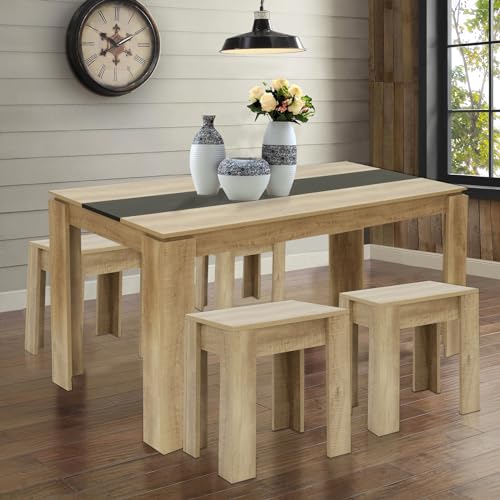 LafeuR Esstisch mit 4 Hocker Holz 5-TLG Set 140x70x75cm Küche Stühle Tisch Möbel Essgruppe Praktisch Sitzgruppe Eiche & Schwarz von LafeuR