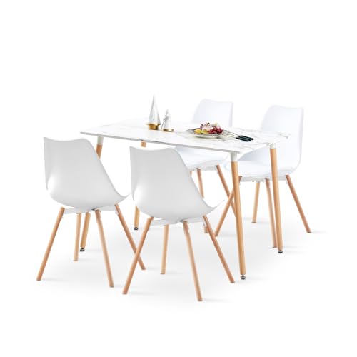 LafeuR Esszimmergruppe Esstisch mit 4 Stühle Essgruppe, 110cm Rechteckig Küchentisch und 4er Set Esszimmerstühle für Küche Esszimmer Wohnzimmer (Marmor Tisch+4 Weiß Stühlen) von LafeuR