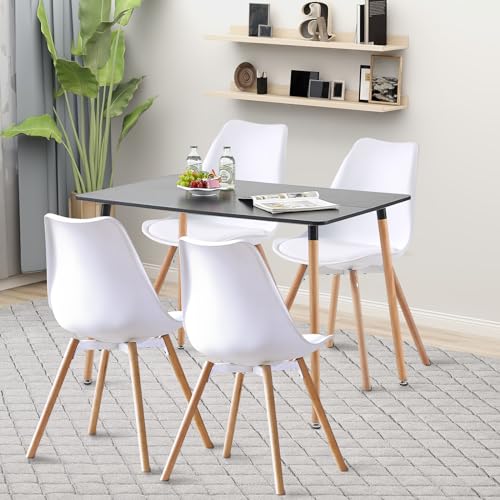 LafeuR Esszimmergruppe Esstisch mit 4 Stühlen, Rechteckig Küchentisch-Set Essgruppe für Küche Esszimmer und Wohnzimmer (Schwarz Tisch+4 Weiß Esszimmerstühle) von LafeuR