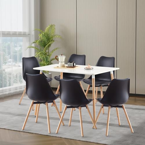LafeuR Esszimmergruppe Esstisch mit 6 Stühlen, Rechteckig Küchentisch-Set Essgruppe für Küche Esszimmer und Wohnzimmer (Weiß Tisch+6 Schwarz Esszimmerstühle) von LafeuR