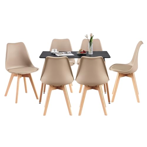 LafeuR Esszimmergruppe Esstisch mit 6 Stühlen Essgruppen, 110cm Rechteckig Küchentisch und 6er Set Esszimmerstühle Sitzgruppe für Wohnzimmer Küche Büro(Schwarz Tisch+6 Helles Khaki Stühle) von LafeuR