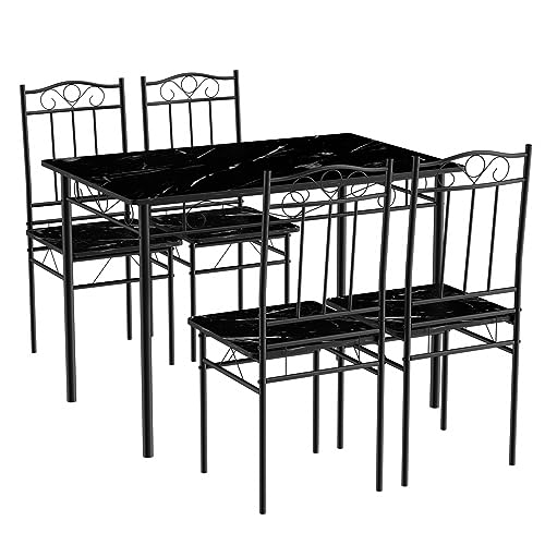 LafeuR Esszimmertisch mit 4 Stühlen, Küchentisch-Set aus Schwarze Metallbeine, Tisch und Stühle Set für Esszimmer, Küche, Wohnzimmer, Schwarzer Marmor von LafeuR