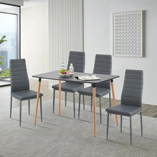 LafeuR Rechteckig Esstisch mit 4 Stühlen Esszimmergruppe, Strapazierfähiges Kunstleder mit Metall Stuhlbeine, Essgruppe für Küche Esszimmer und Wohnzimmer (Schwarz Tisch+4 Dunkelgrau Esszimmerstühle) von LafeuR