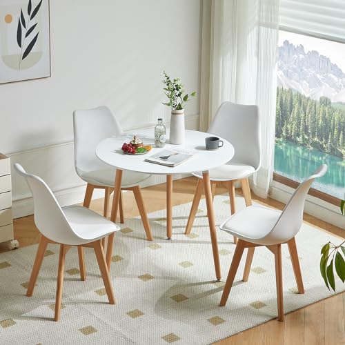 LafeuR Runder Esstisch mit 4 Stühlen Essgruppen, 4er Set Esszimmerstühle mit küchentisch Esszimmergruppe, Tischgruppe Sitzgruppe für Balkon, Küche, Wohnzimmer(Weiß Tisch + 4 Weiß Stuhl) von LafeuR
