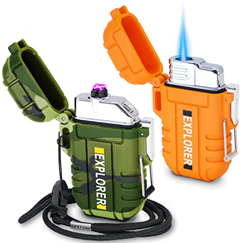 2 Stück Dual Arc Feuerzeug Elektrisch Wiederaufladbar Feuerzeug Butan Flameless Plasma Feuerzeug für Wandern Survival Tactical Gear (Camo & Orange) von Laffizz
