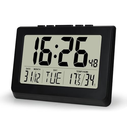 Lafocuse 10" Digitale Wanduhr Tischuhr Batteriebetrieben LCD Groß Display, Digitaluhr mit Großen Ziffern, Datum, Temperatur, Feuchtigkeit, Wecker Snooze für Schlafzimmer Wohnzimmer Büro, Schwarz von Lafocuse