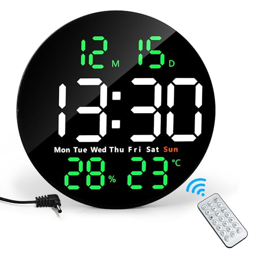 Lafocuse 25CM Wanduhr Digital LED Groß Rund, Elektronischer Wandkalender ohne Tickgeräusch mit Fernbedienung, Temperatur, Datum, Countdown, 2 Alarme für Dekor Wohnzimmer Büro Fitnessstudio, Grün von Lafocuse
