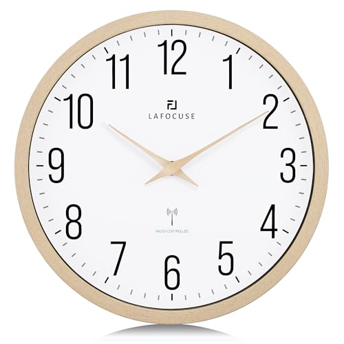 Lafocuse 30CM Funk Wanduhr mit Holz Zeiger, Hohe Genauigkeit Funkuhr Beige, Einfach zu Lesen Modern Wanduhren Deko für Küche Wohnzimmer Büro Schule von Lafocuse