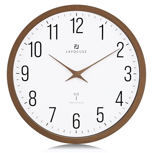 Lafocuse 30CM Funk Wanduhr mit Holz Zeiger, Hohe Genauigkeit Funkuhr Braun, Einfach zu Lesen Modern Wanduhren Deko für Küche Wohnzimmer Büro Schule von Lafocuse