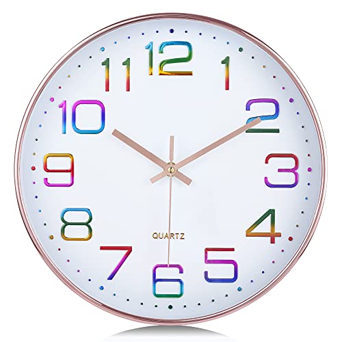 Lafocuse 3D Ziffern Bunt Lautlos Wanduhr Rosegold, 30cm Modern Ohne Tickgeräusche, Leicht zu Lesen Wanduhr Analog Deko für Wohnzimmer Küche Schule Kinderzimmer von Lafocuse