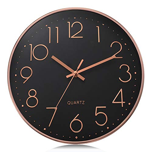 Lafocuse Schwarz Modern Wanduhr Lautlos 30cm, 3D Ziffern Rosegold Ohne Tickgeräusche, Quartz Wanduhr Analog Leicht zu Lesen Deko für Wohnzimmer Zimmer Küche Büro von Lafocuse