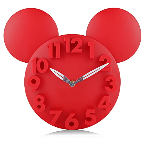 Lafocuse 3D Ziffern Maus Wanduhr für Jungen und Mädchen, Kinder Wanduhr Rot Deko, Uhren fürs Kinderzimmer Kindergarten Schule 32x28x5cm von Lafocuse