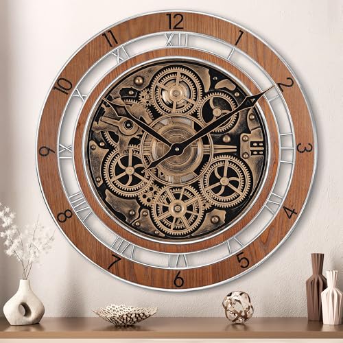 Lafocuse 53cm Vintage Wanduhr Groß mit Beweglichen Zahnrädern Braun, Holz Industrial Steampunk Uhr Retro Deko mit Arabische und Römische Ziffern, XXL Wanduhren Gross für Wohnzimmer Küche Bar von Lafocuse