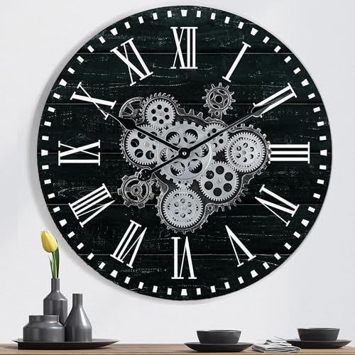 Lafocuse Schwarz Wanduhr Große mit Beweglichen Zahnrädern, Industriell Steampunk XXL Wanduhr Holz, Vintage Retro Deko für Küche Wohnzimmer Bar, 57cm von Lafocuse