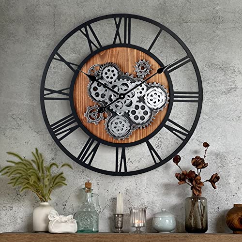 Lafocuse Wanduhr Groß mit Beweglichen Zahnrädern Industrial Steampunk XXL Holz Vintage Retro Schwarz Romische Zahlen 57 cm für Küche Wohnzimmer Bar von Lafocuse