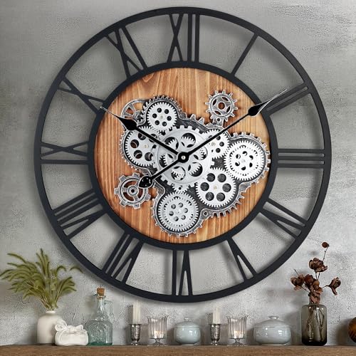 Lafocuse 57cm Vintage Wanduhr Große mit Beweglichen Zahnrädern, Industriell Steampunk XXL Wanduhr Holz, Antike Retro Deko für Küche Wohnzimmer Bar von Lafocuse