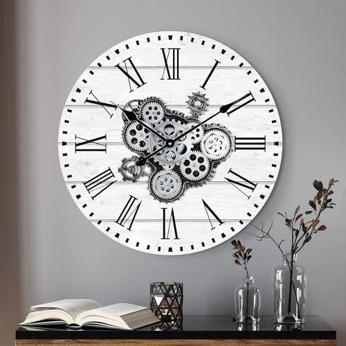 Lafocuse Weiß Wanduhr Große mit Beweglichen Zahnrädern, Industriell Steampunk XXL Wanduhr Holz, Vintage Retro Deko für Küche Wohnzimmer Bar, 57cm von Lafocuse