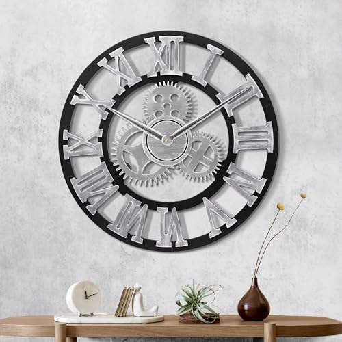 Lafocuse Holz Wanduhr Groß Industrial Silber, Lautlos Wanduhr Vintage 60cm XXL, Zahnrad Römische Ziffern Steampunk Gross für Wohnzimmer Küche von Lafocuse