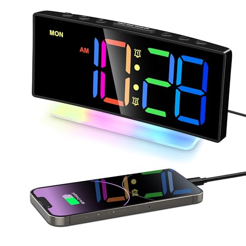 Lafocuse Bunter Wecker Digital mit 8 RGB LED Display & 7 RGB Nachtlicht, Laut Kinderwecker mit 2 Alarmen, Snooze, Helligkeit und Lautstärke Regelbar, Kinder Tischuhr Nachttisch Jungen Mädchen, Schwarz von Lafocuse