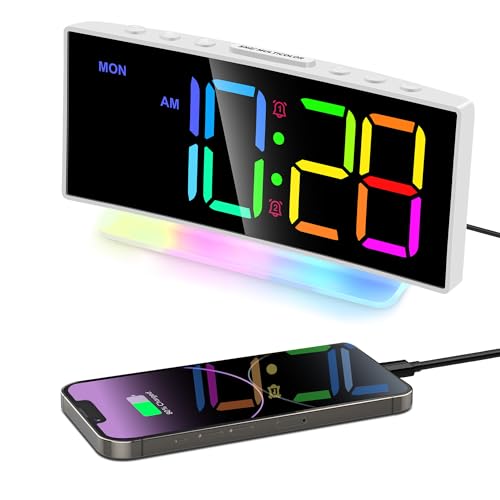 Lafocuse Bunter Wecker Digital mit 8 RGB LED Display & 7 RGB Nachtlicht, Laut Kinderwecker mit 2 Alarmen, Snooze, Helligkeit und Lautstärke Regelbar, Kinder Tischuhr Nachttisch Jungen Mädchen, Weiß von Lafocuse