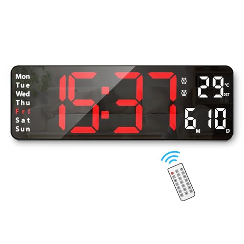 Lafocuse Digitale Wanduhr LED Groß Display 13", Digitaluhr mit Fernbedienung, Temperaturanzeige, Datum, Wecker, Helligkeit Regelbar, 12/24HR, Einfach zu Lesen für Wohnzimmer Küchen Büro, Rot von Lafocuse