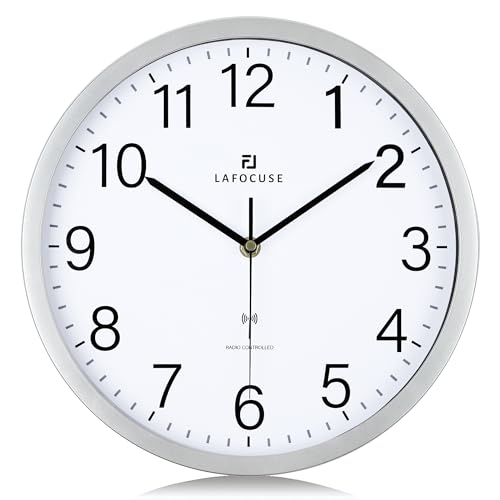 Lafocuse Funk Wanduhr Lautlos Modern 30cm, Hohe Genauigkeit Funkuhr Einfach zu Lesen, Silber Klassisch Wanduhr Analog Deko für Wohnzimmer Schlafzimmer Büro Küche von Lafocuse